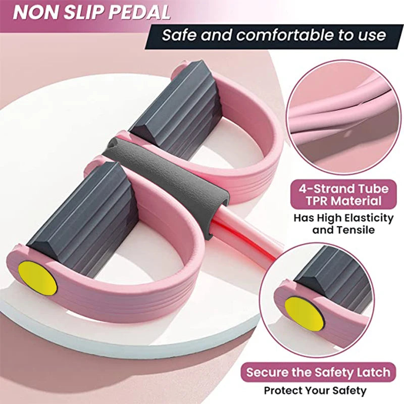 4-Tube Resistance Bands Pedal Elastic Pull Rope Fitness Equipment for Abdomen Waist Arm Training Unisex Pink & Grey