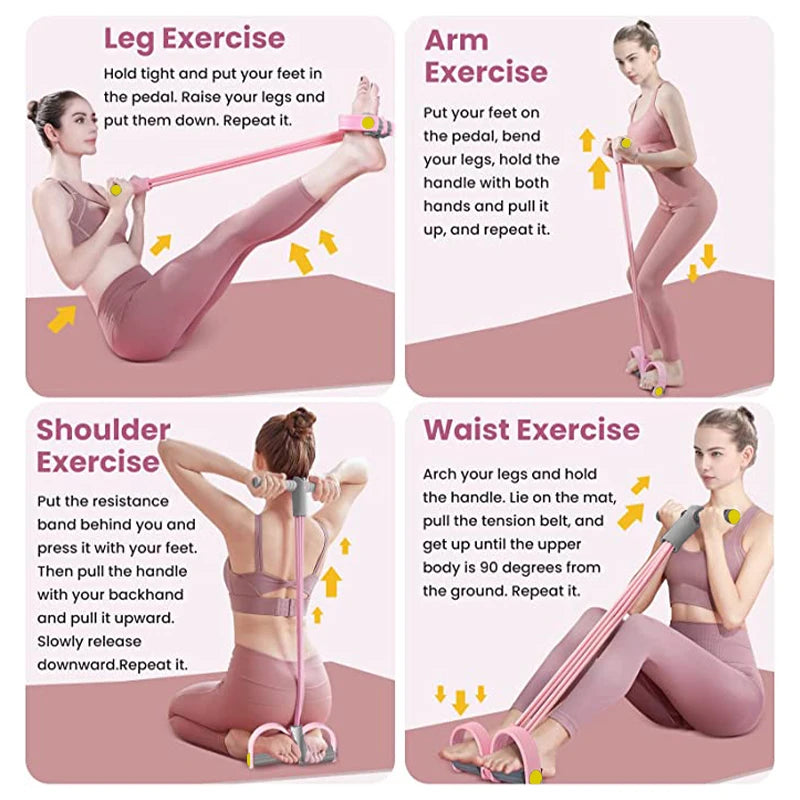 4-Tube Resistance Bands Pedal Elastic Pull Rope Fitness Equipment for Abdomen Waist Arm Training Unisex Pink & Grey