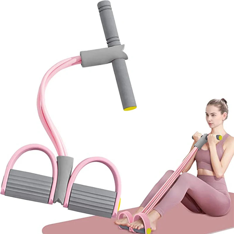 4-Tube Resistance Bands Pedal Elastic Pull Rope Fitness Equipment for Abdomen Waist Arm Training Unisex Pink & Grey